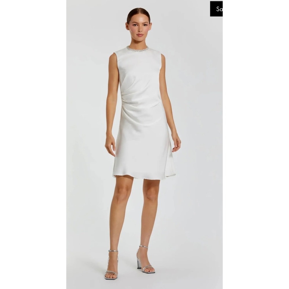Mac Duggal‎ White Rhinestone Neckline Draped Mini Dress Sz 10 New